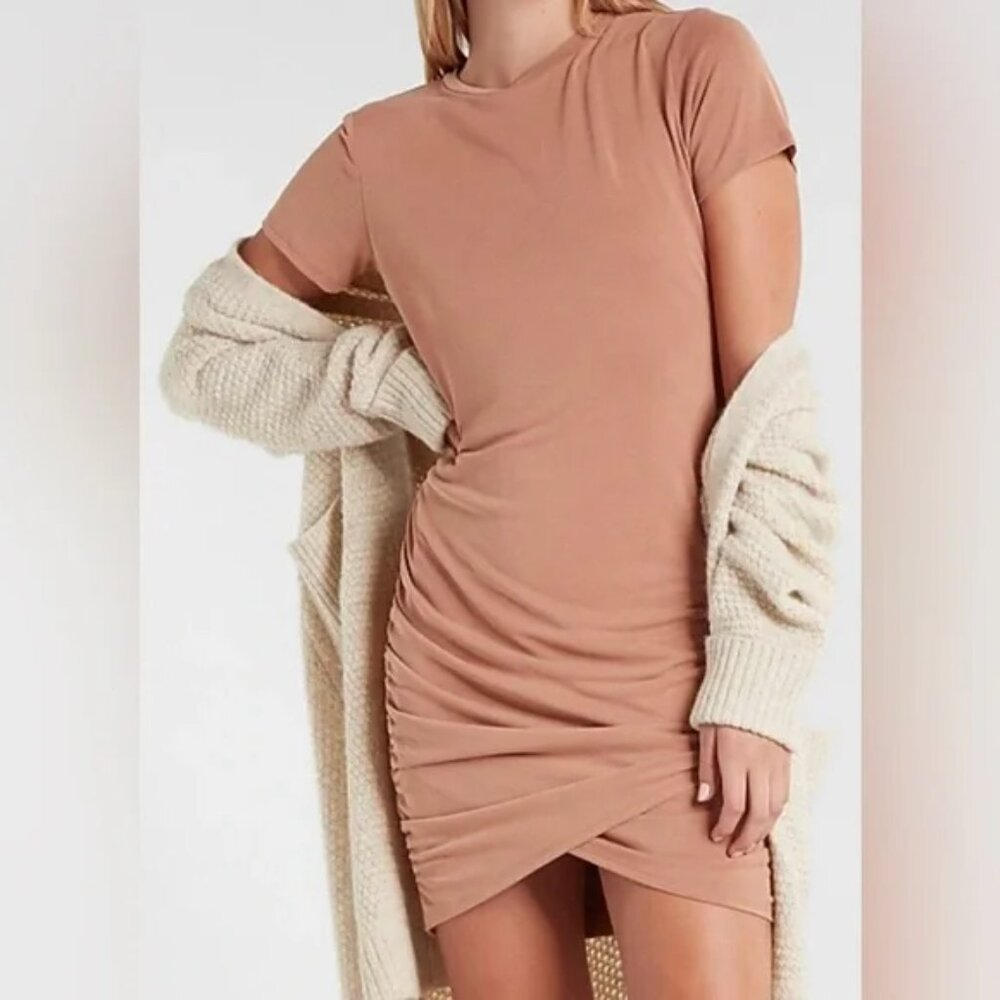 Express Silky Sueded Jersey Ruched T-Shirt Pink Mini Dress Size XXS